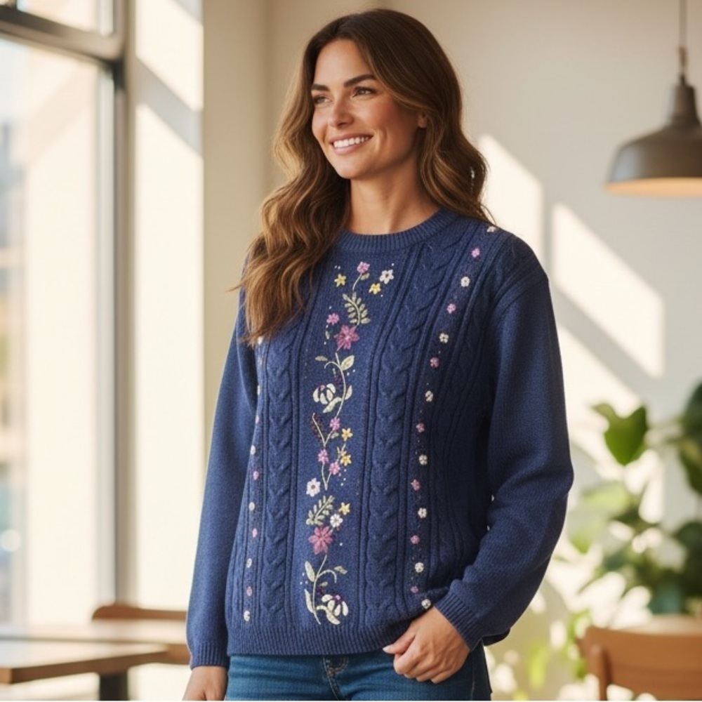 Vintage Northern Reflections Embroidered Cable-Knit Sweater in Navy Blue